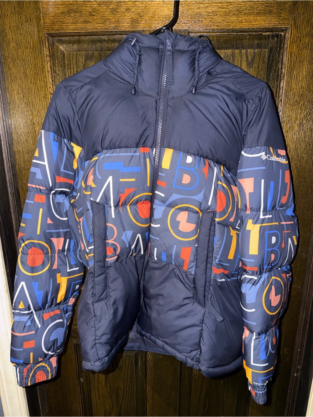 Columbia Navy Graphic Puffer Jacket with Multicolor Print